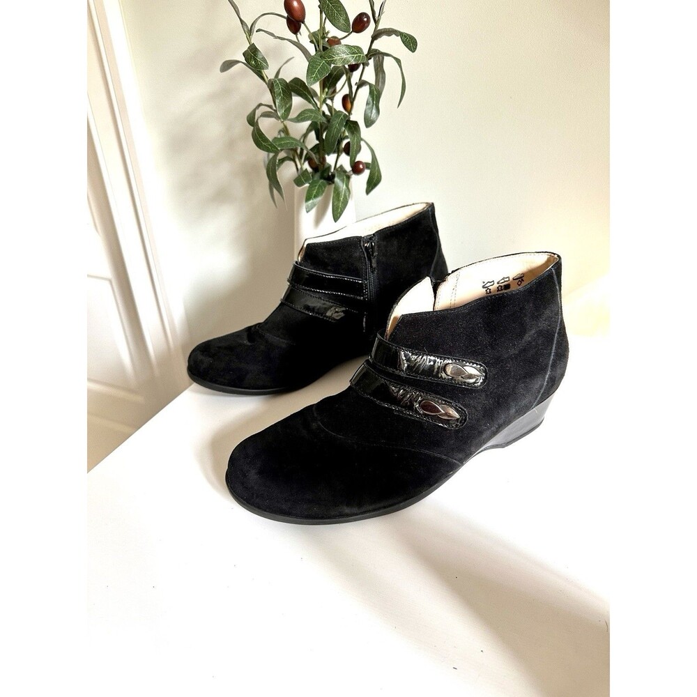 Waldlaufer Black Suede Wedge Ankle Boots Women’s 7.5 Comfort Zip Booties Straps